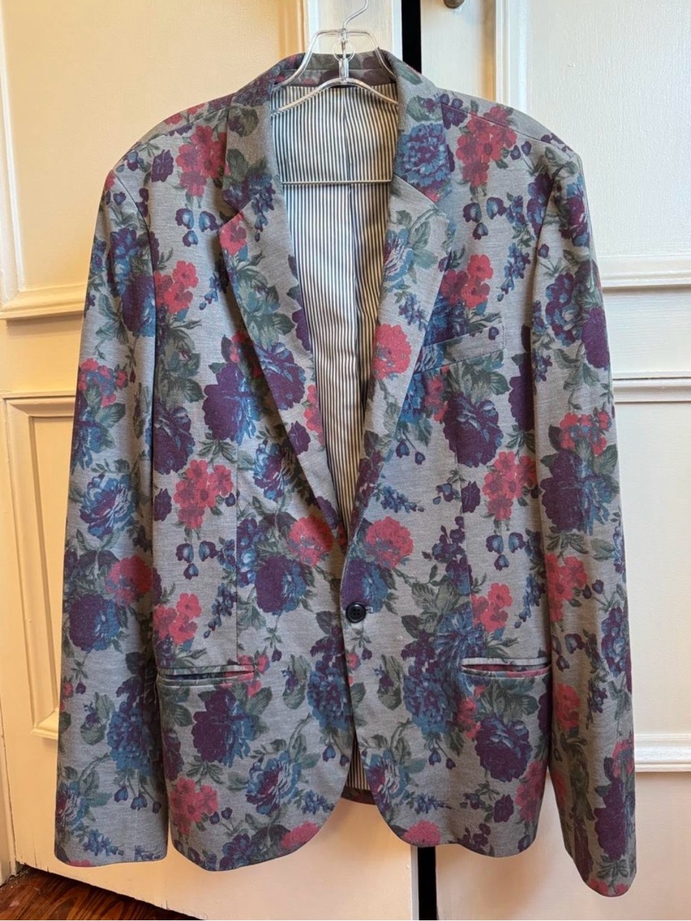 Women’s XL- Zara Gray Blazer with Purple & Pink Floral Print Tailored Jacket